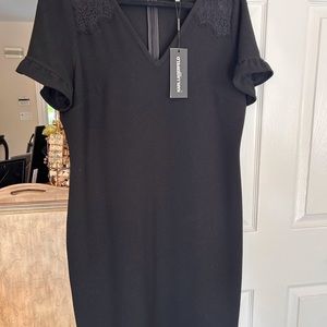NWT Karl Lagerfeld Black Dress, Size 12, Lace Accents, Ruffled Short Sleeves